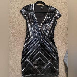 EXPRESS Black & Silver Sequin Deep V-Neck Bodycon Dress